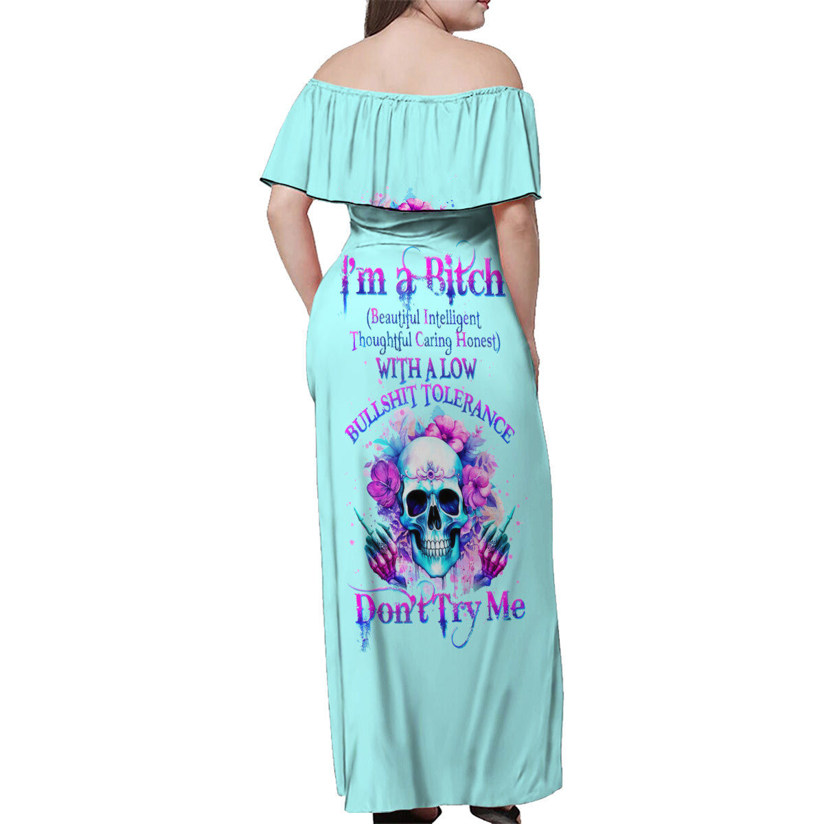 Flower Skull Angel Family Matching Off Shoulder Maxi Dress and Hawaiian Shirt I'm A Bitch With A Flow Bullshit Tolerance - Wonder Print Shop