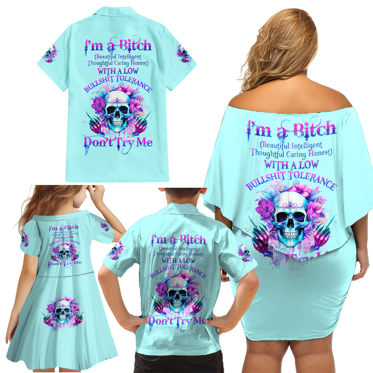 Flower Skull Angel Family Matching Off Shoulder Short Dress and Hawaiian Shirt I'm A Bitch With A Flow Bullshit Tolerance - Wonder Print Shop
