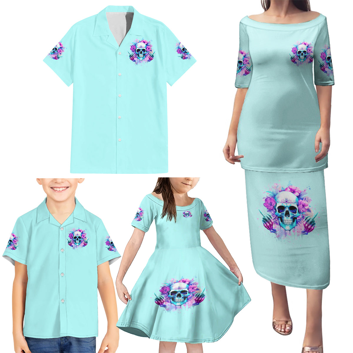 Flower Skull Angel Family Matching Puletasi and Hawaiian Shirt I'm A Bitch With A Flow Bullshit Tolerance - Wonder Print Shop