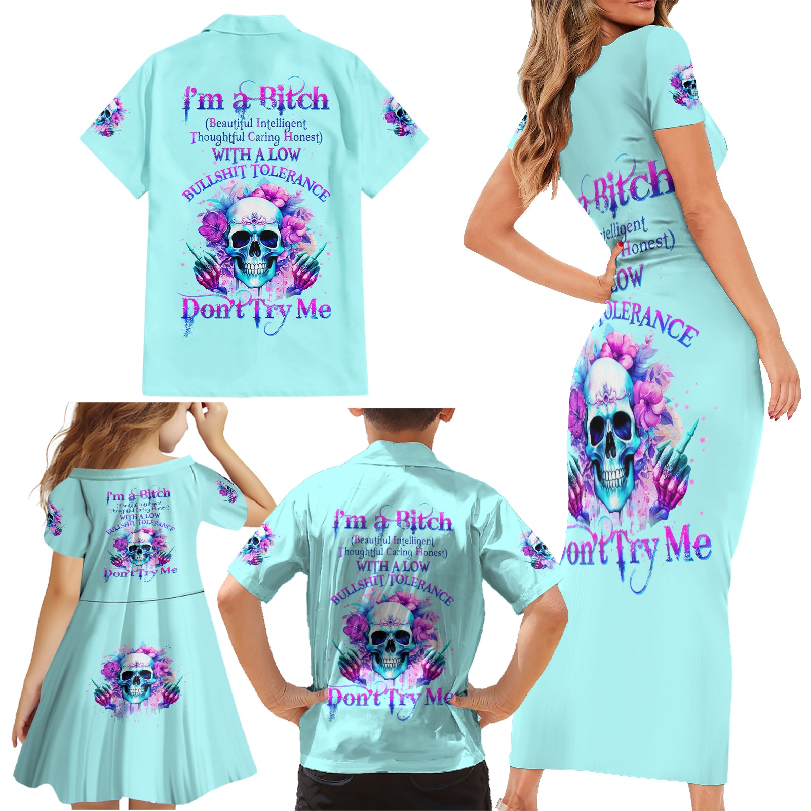 Flower Skull Angel Family Matching Short Sleeve Bodycon Dress and Hawaiian Shirt I'm A Bitch With A Flow Bullshit Tolerance - Wonder Print Shop