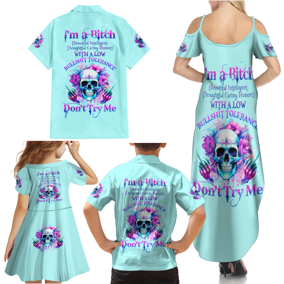 Flower Skull Angel Family Matching Summer Maxi Dress and Hawaiian Shirt I'm A Bitch With A Flow Bullshit Tolerance - Wonder Print Shop