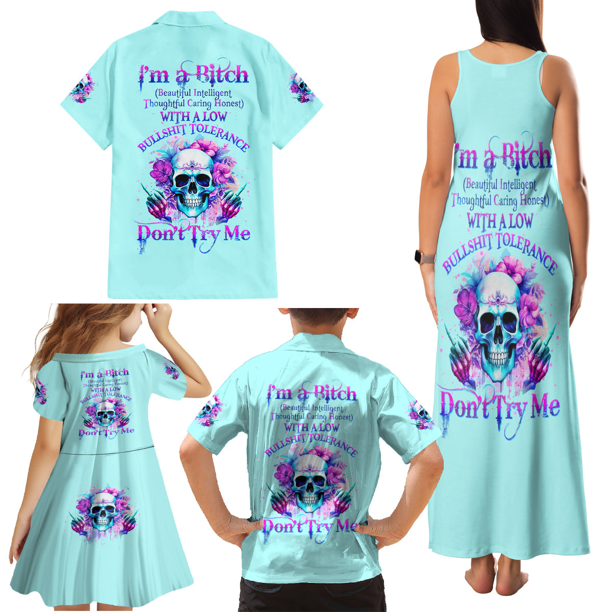 Flower Skull Angel Family Matching Tank Maxi Dress and Hawaiian Shirt I'm A Bitch With A Flow Bullshit Tolerance - Wonder Print Shop