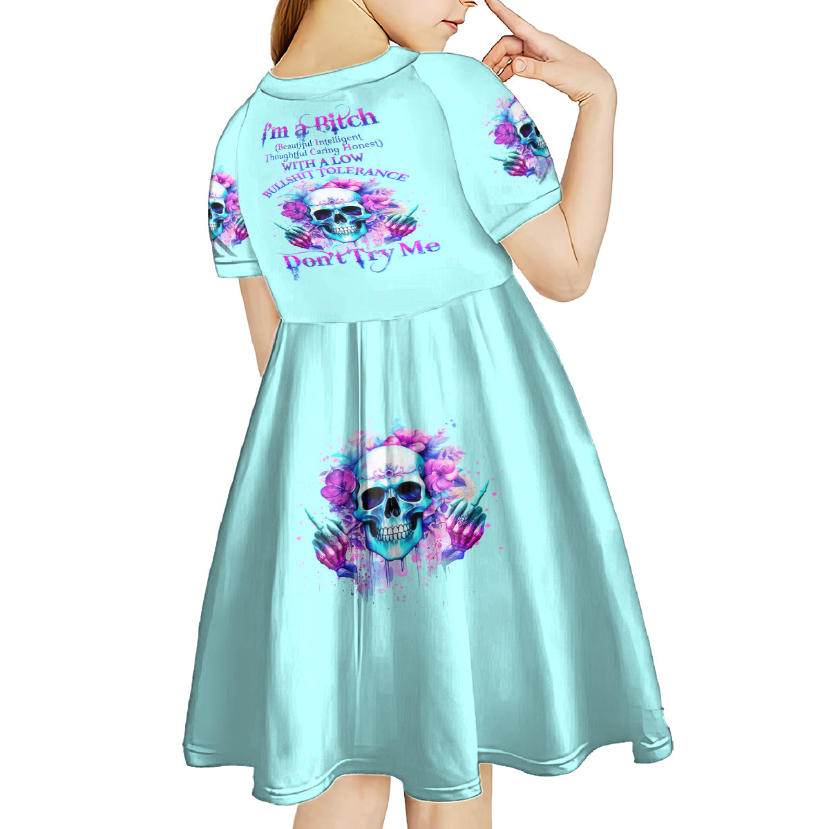 Flower Skull Angel Kid Short Sleeve Dress I'm A Bitch With A Flow Bullshit Tolerance - Wonder Print Shop