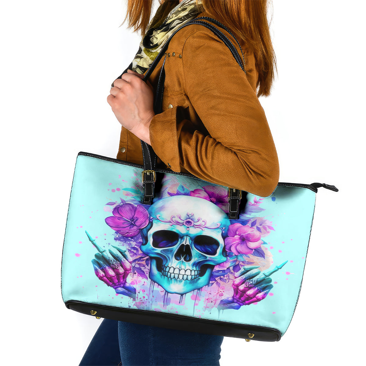 Flower Skull Angel Leather Tote Bag I'm A Bitch With A Flow Bullshit Tolerance - Wonder Print Shop
