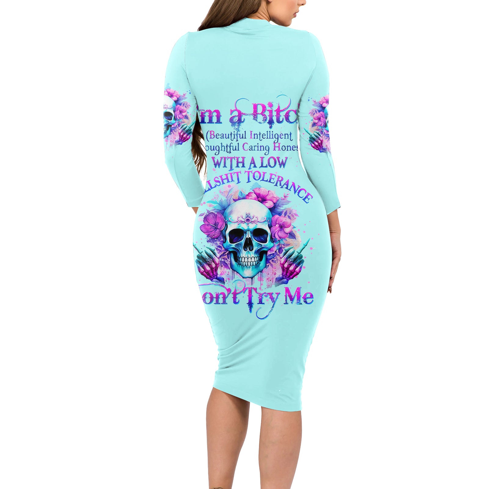 Flower Skull Angel Long Sleeve Bodycon Dress I'm A Bitch With A Flow Bullshit Tolerance - Wonder Print Shop