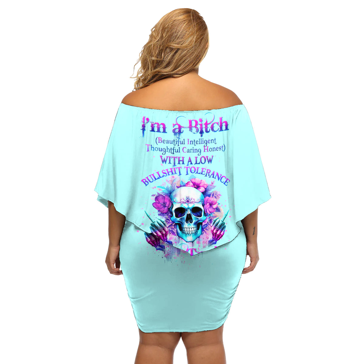 Flower Skull Angel Off Shoulder Short Dress I'm A Bitch With A Flow Bullshit Tolerance - Wonder Print Shop