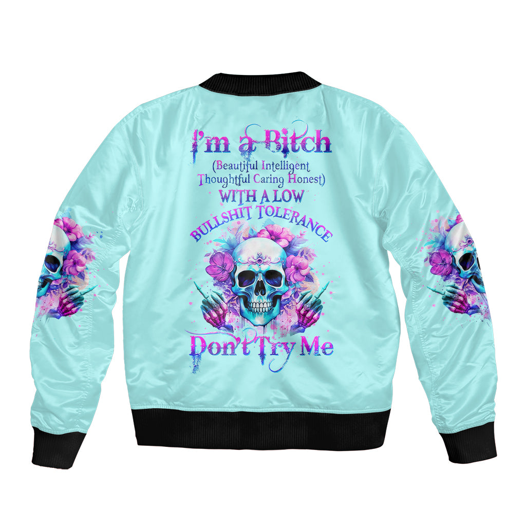 Flower Skull Angel Sleeve Zip Bomber Jacket I'm A Bitch With A Flow Bullshit Tolerance - Wonder Print Shop