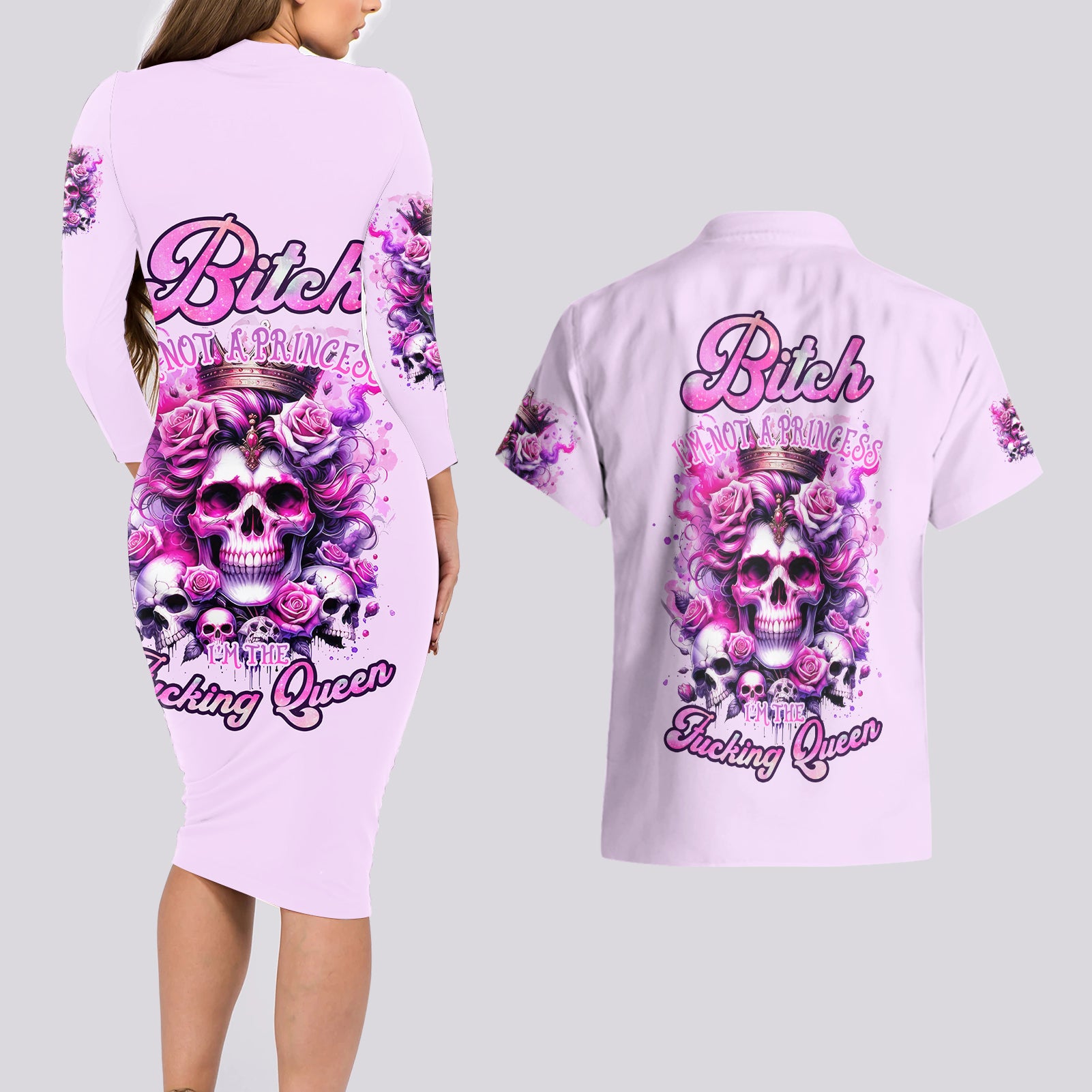 Rose Skull Couples Matching Long Sleeve Bodycon Dress and Hawaiian Shirt Bitch I'm The Fucking Queen - Wonder Print Shop