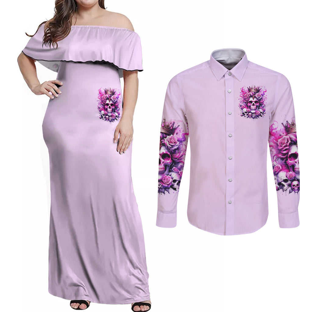 Rose Skull Couples Matching Off Shoulder Maxi Dress and Long Sleeve Button Shirt Bitch I'm The Fucking Queen - Wonder Print Shop