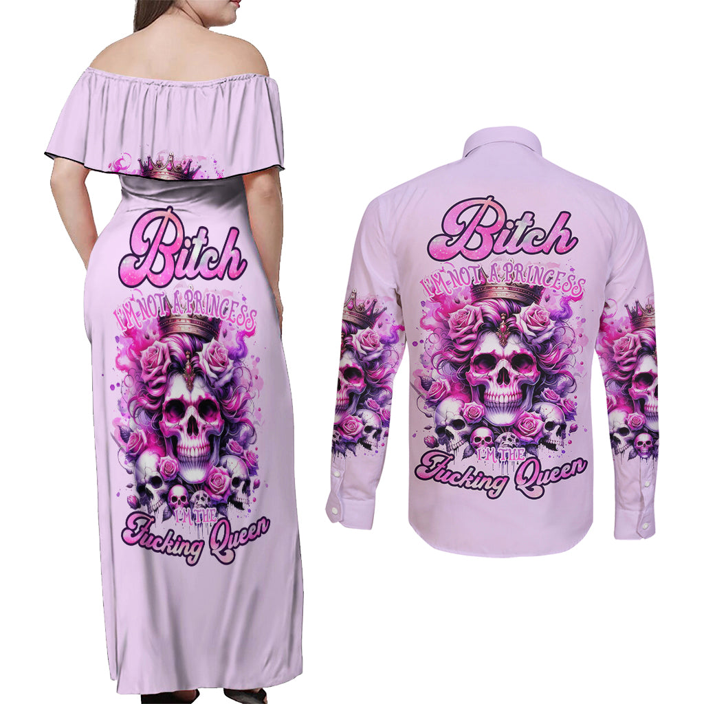 Rose Skull Couples Matching Off Shoulder Maxi Dress and Long Sleeve Button Shirt Bitch I'm The Fucking Queen - Wonder Print Shop