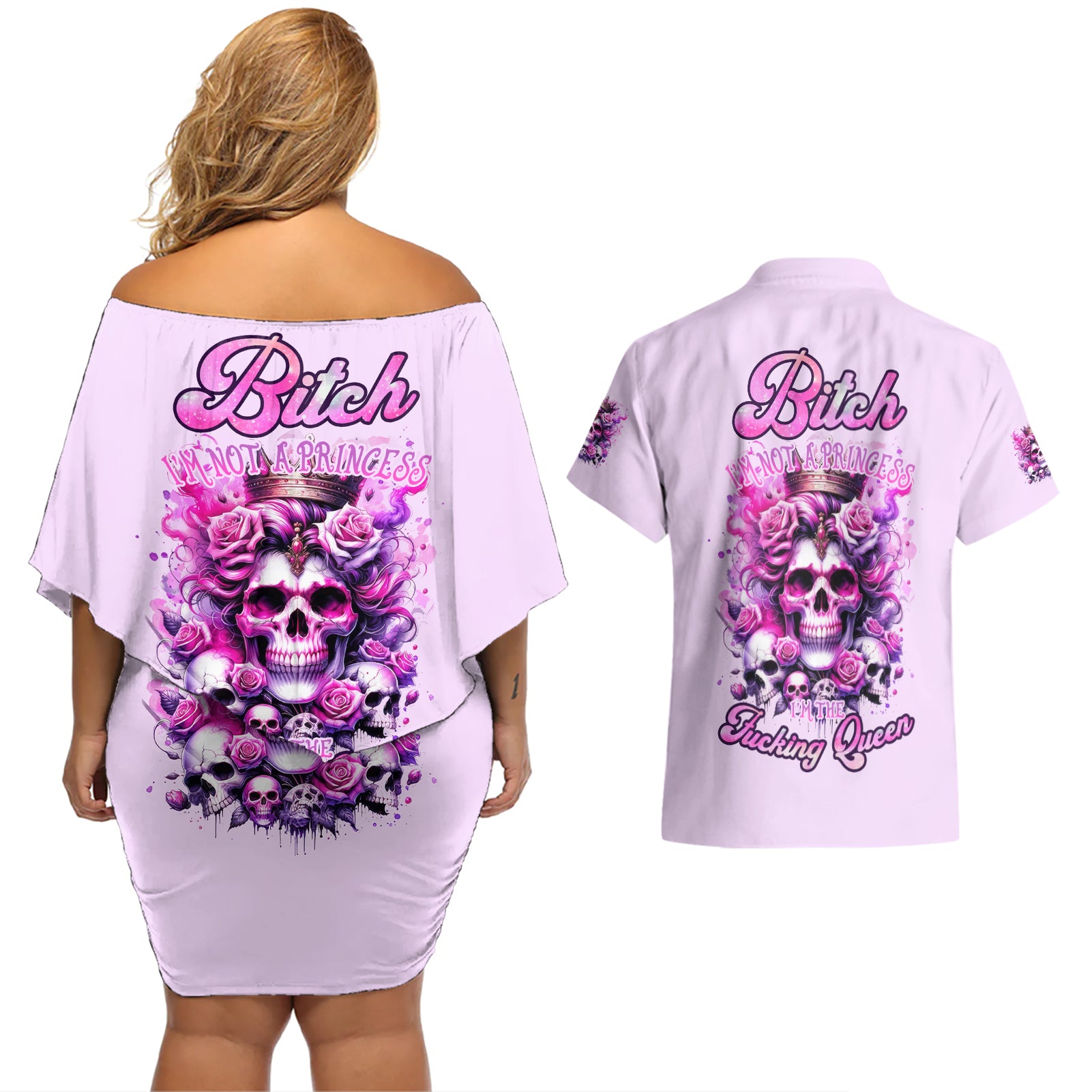 Rose Skull Couples Matching Off Shoulder Short Dress and Hawaiian Shirt Bitch I'm The Fucking Queen - Wonder Print Shop