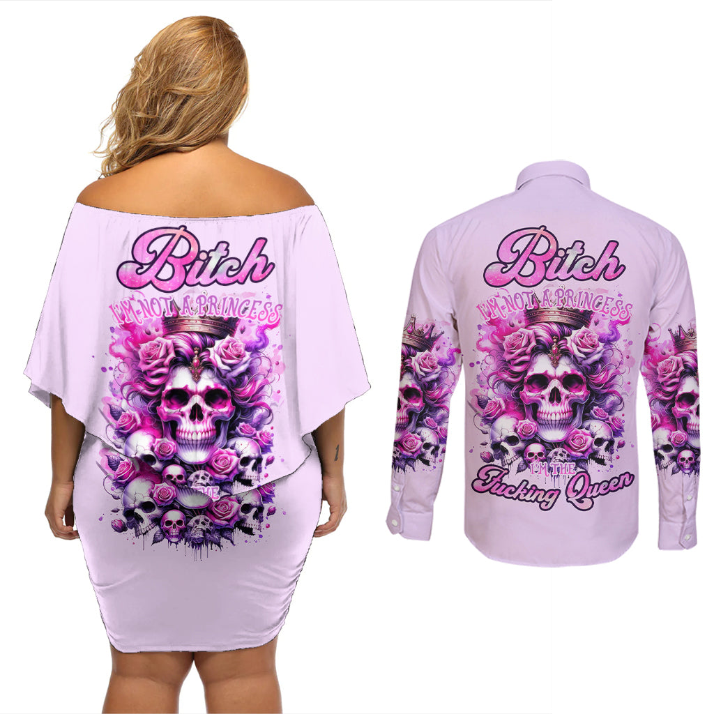 Rose Skull Couples Matching Off Shoulder Short Dress and Long Sleeve Button Shirt Bitch I'm The Fucking Queen - Wonder Print Shop