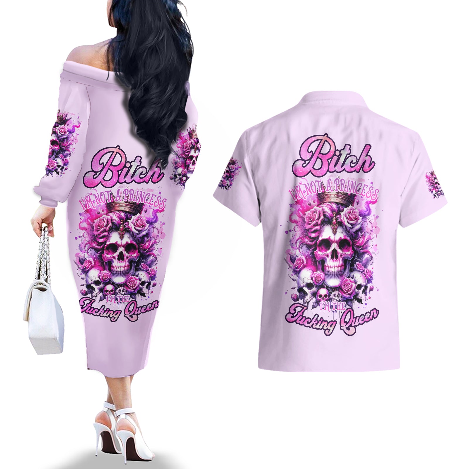 Rose Skull Couples Matching Off The Shoulder Long Sleeve Dress and Hawaiian Shirt Bitch I'm The Fucking Queen - Wonder Print Shop