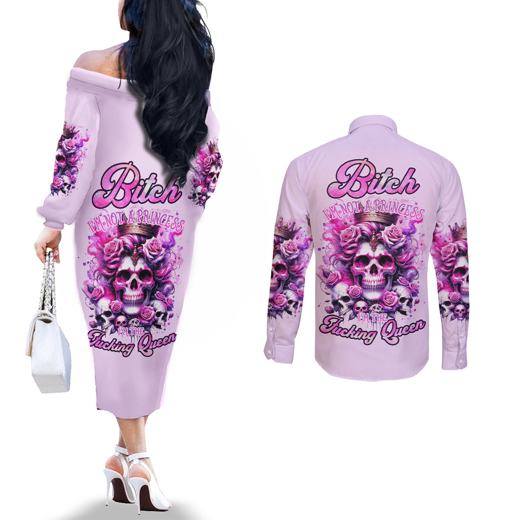 Rose Skull Couples Matching Off The Shoulder Long Sleeve Dress and Long Sleeve Button Shirt Bitch I'm The Fucking Queen