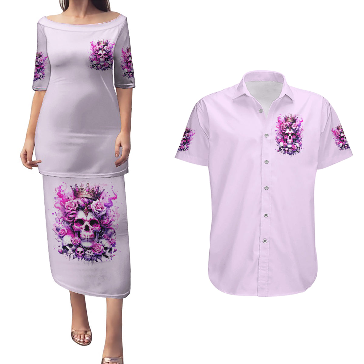 Rose Skull Couples Matching Puletasi and Hawaiian Shirt Bitch I'm The Fucking Queen - Wonder Print Shop