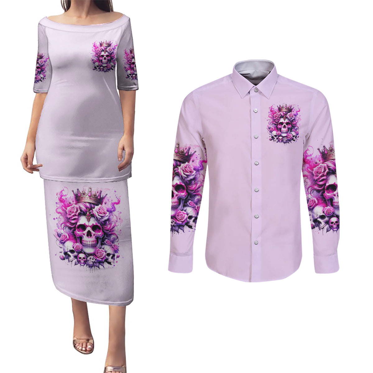 Rose Skull Couples Matching Puletasi and Long Sleeve Button Shirt Bitch I'm The Fucking Queen - Wonder Print Shop