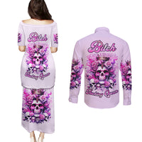 Rose Skull Couples Matching Puletasi and Long Sleeve Button Shirt Bitch I'm The Fucking Queen - Wonder Print Shop