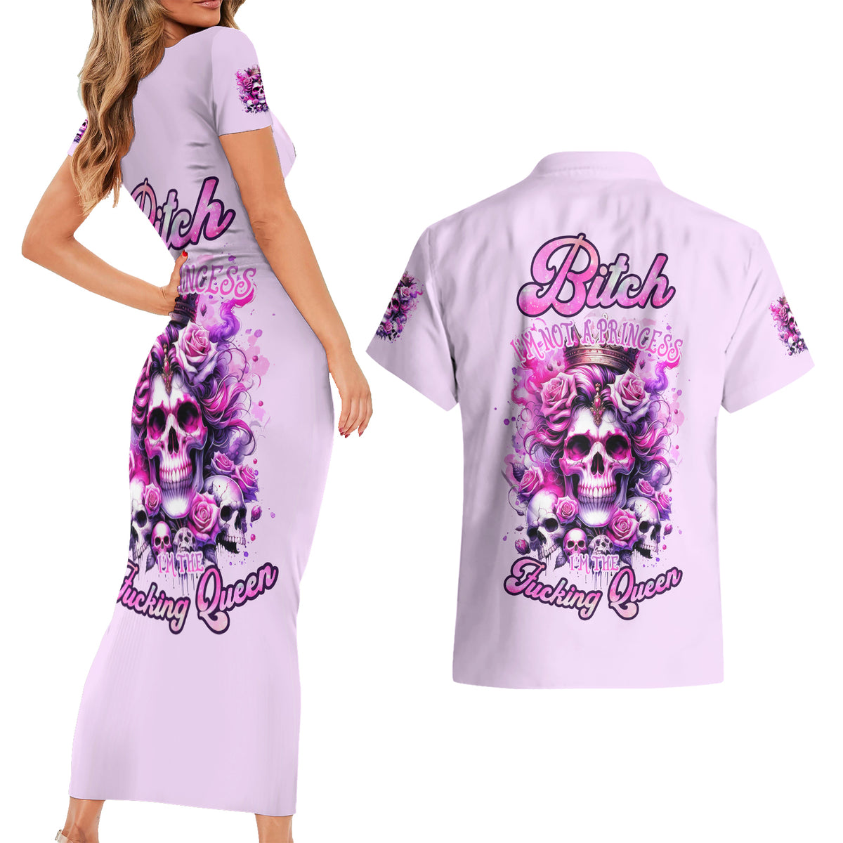 Rose Skull Couples Matching Short Sleeve Bodycon Dress and Hawaiian Shirt Bitch I'm The Fucking Queen - Wonder Print Shop