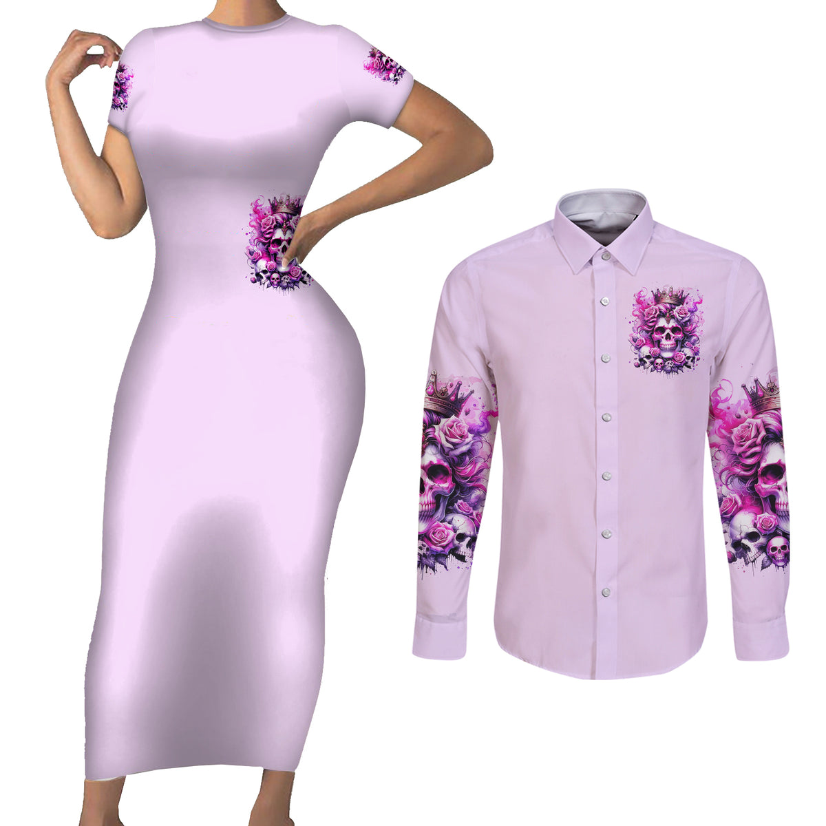 Rose Skull Couples Matching Short Sleeve Bodycon Dress and Long Sleeve Button Shirt Bitch I'm The Fucking Queen - Wonder Print Shop
