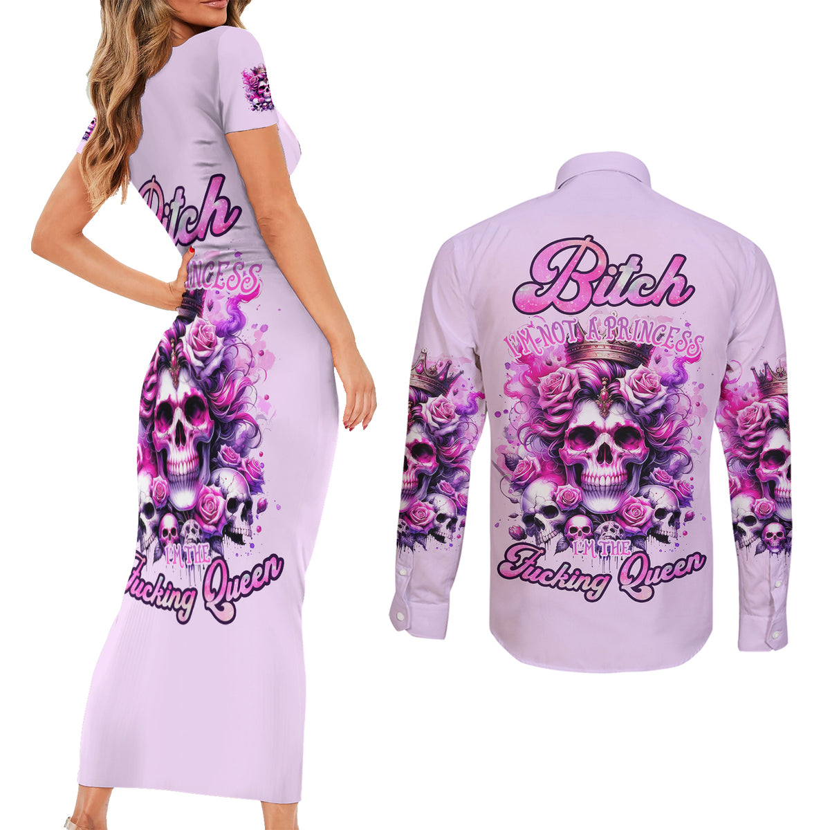 Rose Skull Couples Matching Short Sleeve Bodycon Dress and Long Sleeve Button Shirt Bitch I'm The Fucking Queen - Wonder Print Shop