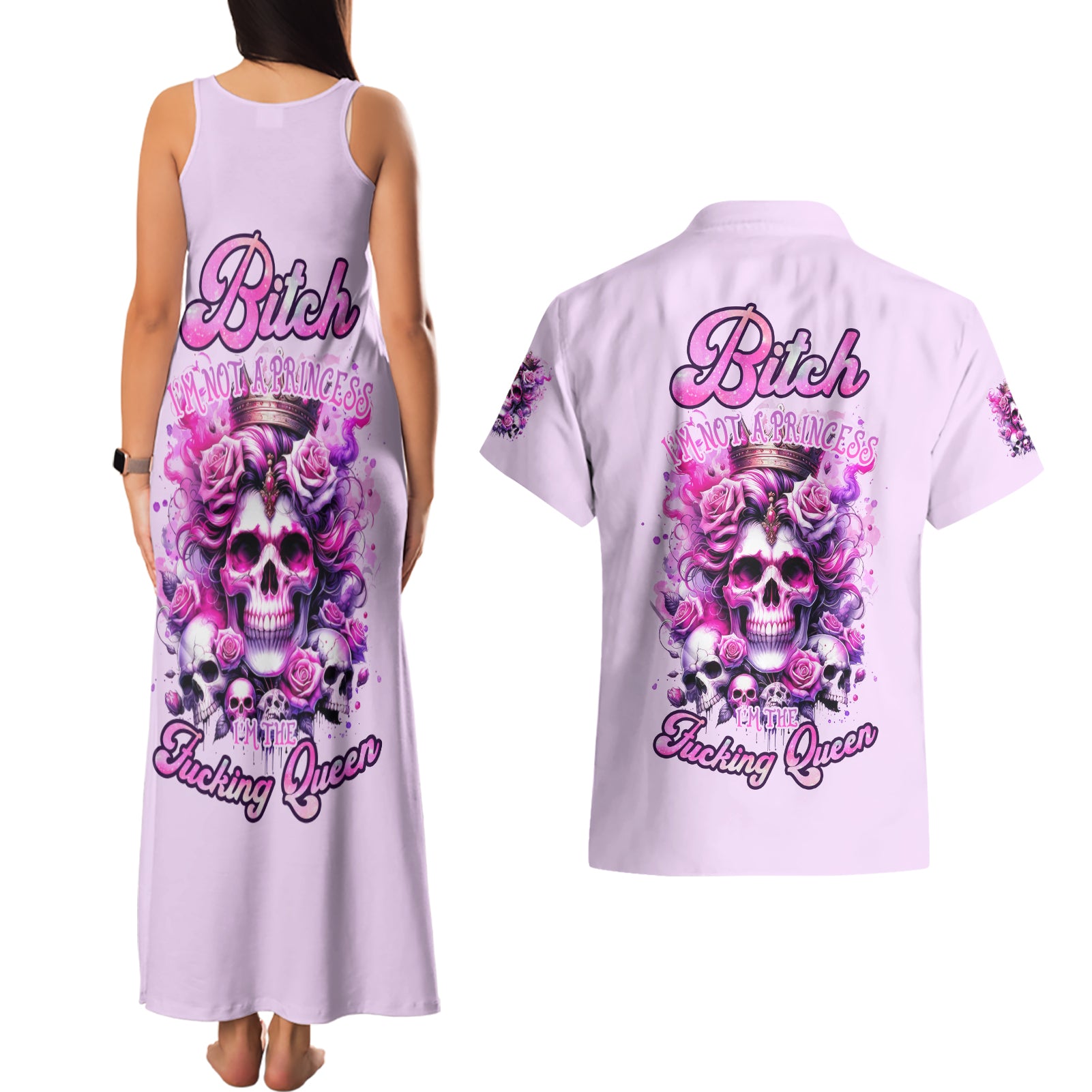 Rose Skull Couples Matching Tank Maxi Dress and Hawaiian Shirt Bitch I'm The Fucking Queen - Wonder Print Shop