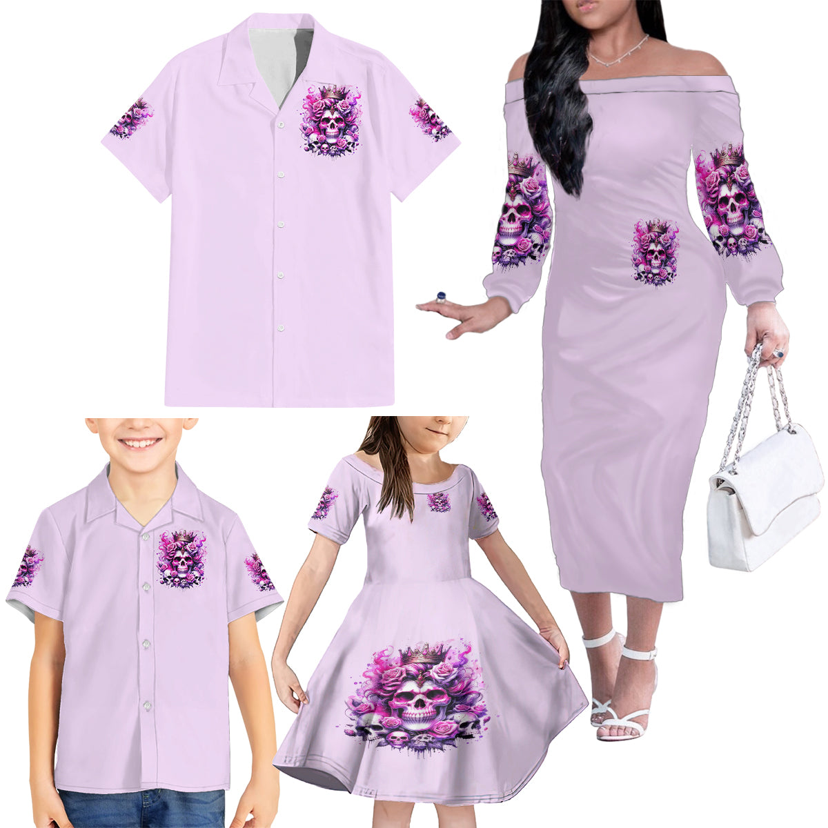 Rose Skull Family Matching Off Shoulder Long Sleeve Dress and Hawaiian Shirt Bitch I'm The Fucking Queen - Wonder Print Shop