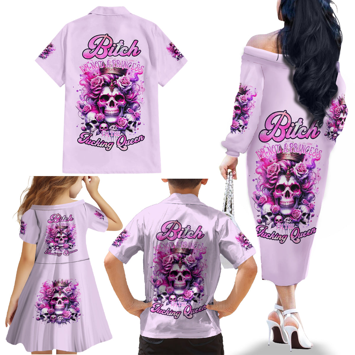 Rose Skull Family Matching Off Shoulder Long Sleeve Dress and Hawaiian Shirt Bitch I'm The Fucking Queen - Wonder Print Shop