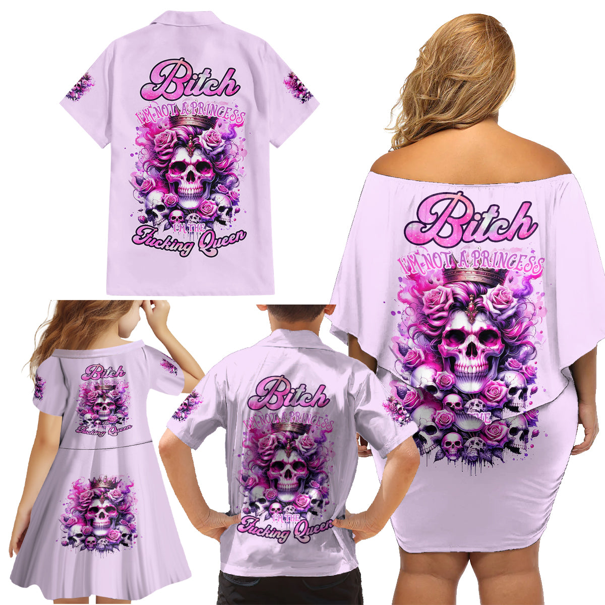 Rose Skull Family Matching Off Shoulder Short Dress and Hawaiian Shirt Bitch I'm The Fucking Queen - Wonder Print Shop