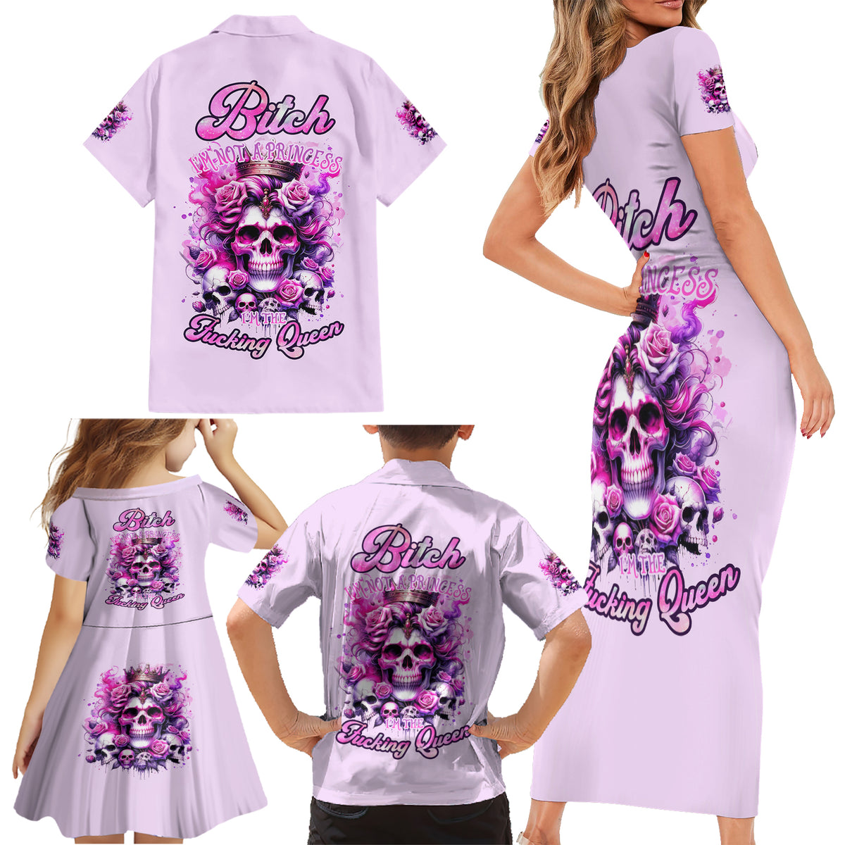 Rose Skull Family Matching Short Sleeve Bodycon Dress and Hawaiian Shirt Bitch I'm The Fucking Queen - Wonder Print Shop