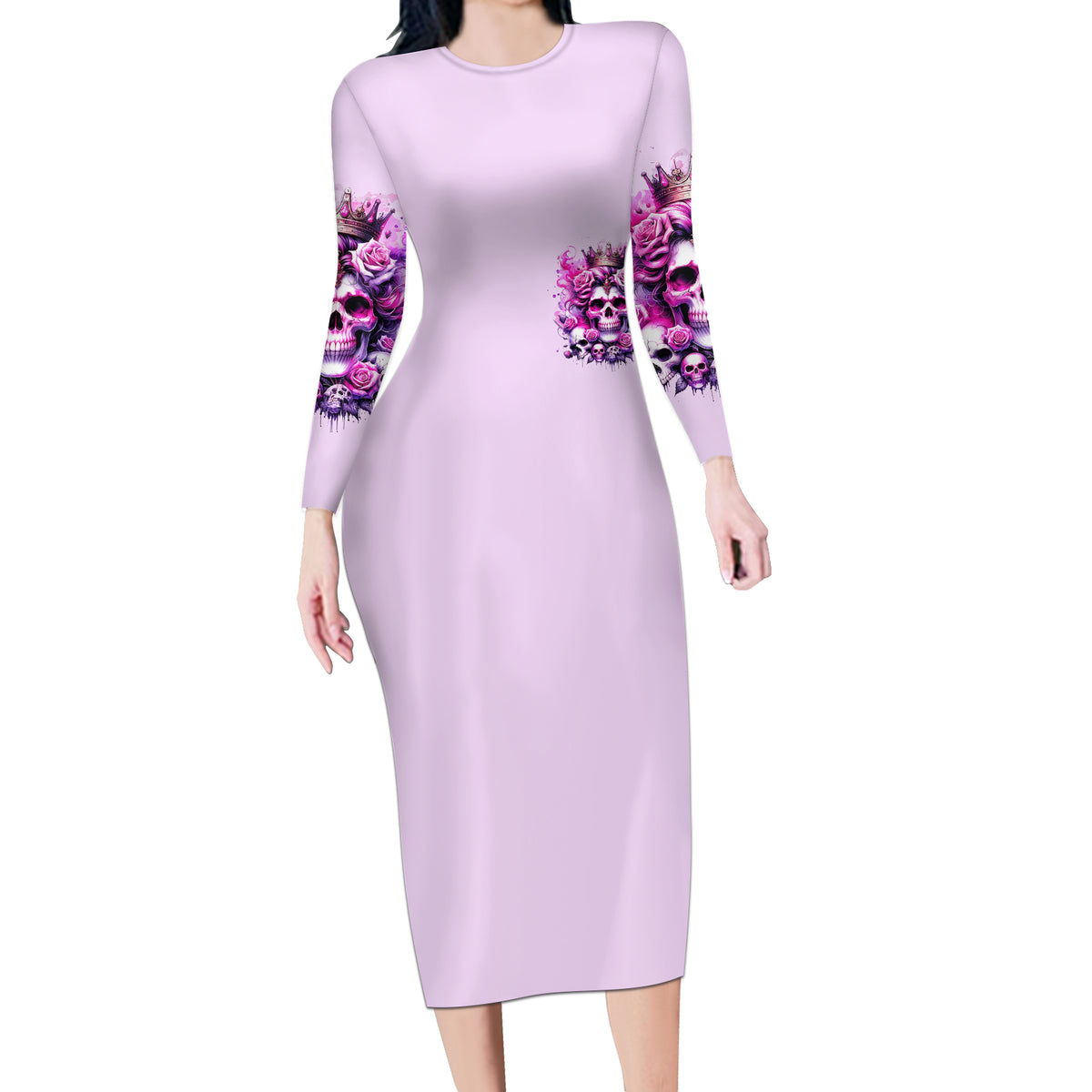 Rose Skull Long Sleeve Bodycon Dress Bitch I'm The Fucking Queen - Wonder Print Shop