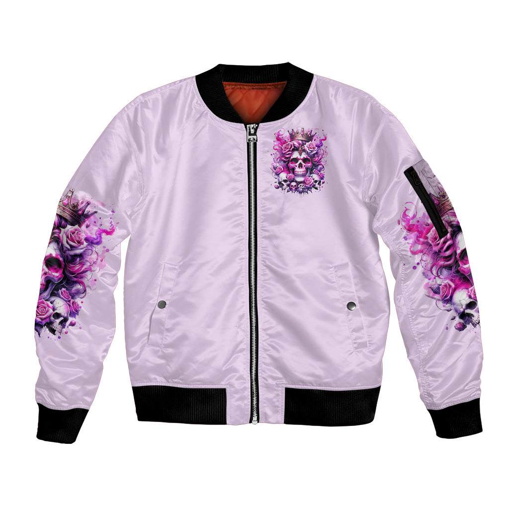 Rose Skull Sleeve Zip Bomber Jacket Bitch I'm The Fucking Queen - Wonder Print Shop