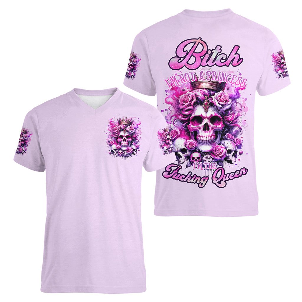 Rose Skull Women V Neck T Shirt Bitch I'm The Fucking Queen - Wonder Print Shop