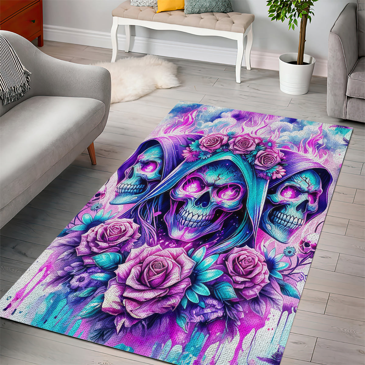 Flower Skull Angel Area Rug Stuck Between IDK IDC and IDGAF - Wonder Print Shop