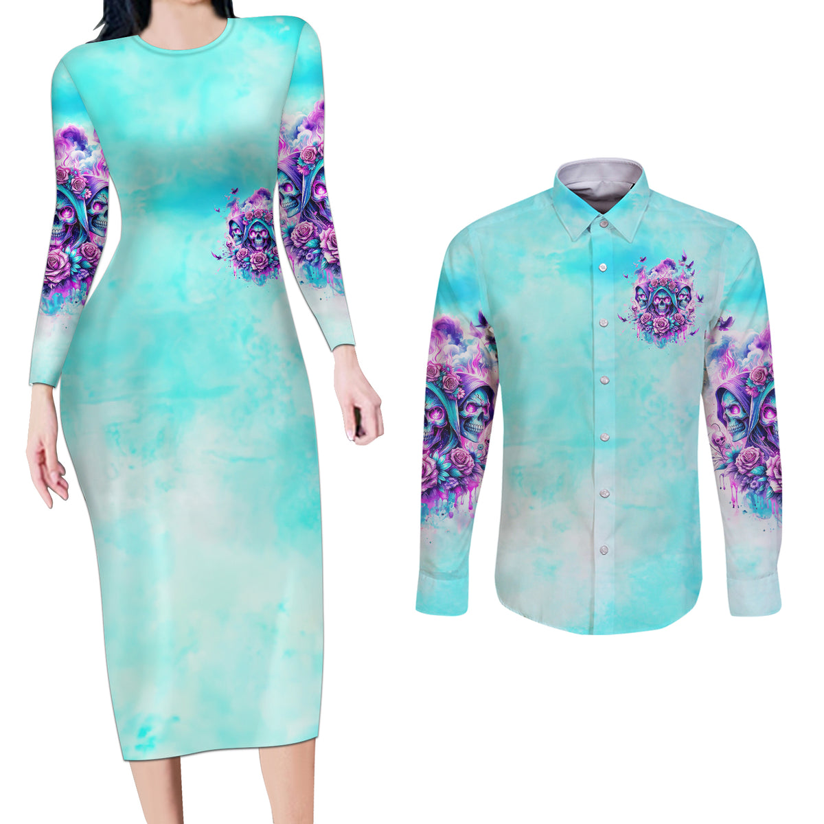 Flower Skull Angel Couples Matching Long Sleeve Bodycon Dress and Long Sleeve Button Shirt Stuck Between IDK IDC and IDGAF - Wonder Print Shop