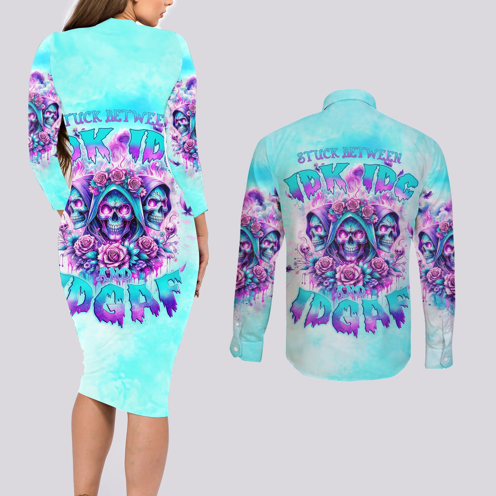 Flower Skull Angel Couples Matching Long Sleeve Bodycon Dress and Long Sleeve Button Shirt Stuck Between IDK IDC and IDGAF - Wonder Print Shop