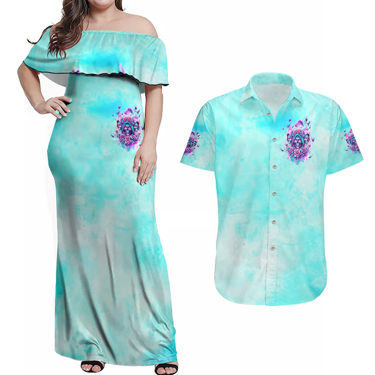 Flower Skull Angel Couples Matching Off Shoulder Maxi Dress and Hawaiian Shirt Stuck Between IDK IDC and IDGAF - Wonder Print Shop