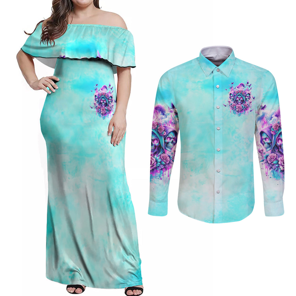 Flower Skull Angel Couples Matching Off Shoulder Maxi Dress and Long Sleeve Button Shirt Stuck Between IDK IDC and IDGAF - Wonder Print Shop