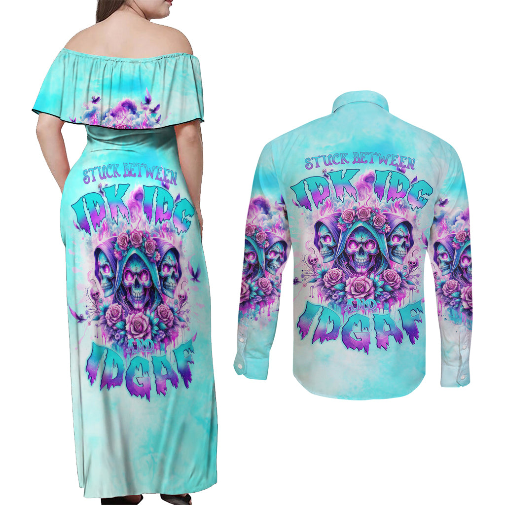Flower Skull Angel Couples Matching Off Shoulder Maxi Dress and Long Sleeve Button Shirt Stuck Between IDK IDC and IDGAF - Wonder Print Shop