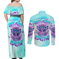 Flower Skull Angel Couples Matching Off Shoulder Maxi Dress and Long Sleeve Button Shirt Stuck Between IDK IDC and IDGAF - Wonder Print Shop