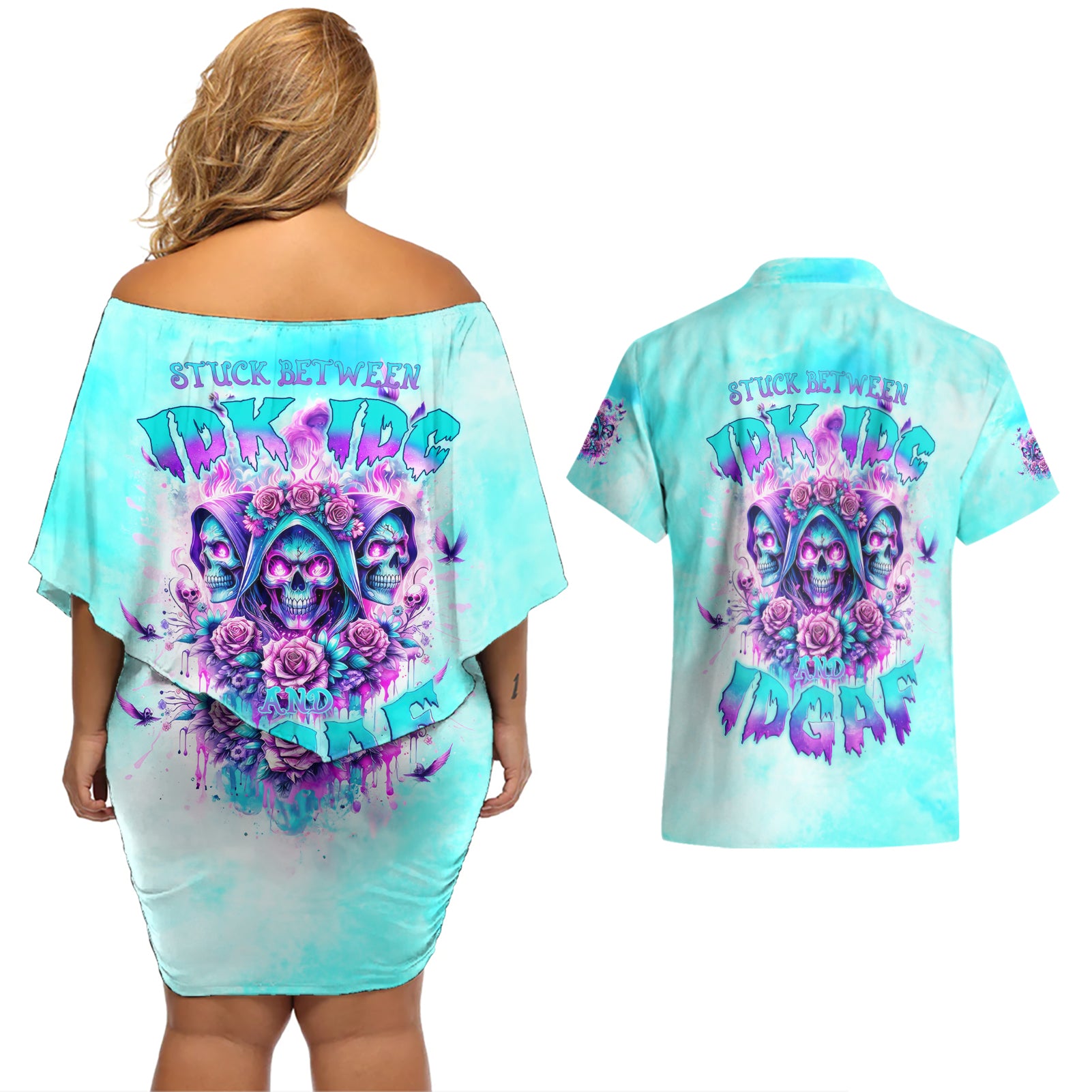 Flower Skull Angel Couples Matching Off Shoulder Short Dress and Hawaiian Shirt Stuck Between IDK IDC and IDGAF - Wonder Print Shop