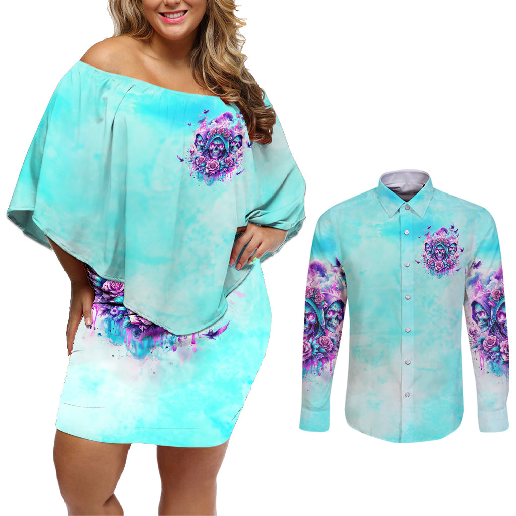Flower Skull Angel Couples Matching Off Shoulder Short Dress and Long Sleeve Button Shirt Stuck Between IDK IDC and IDGAF - Wonder Print Shop