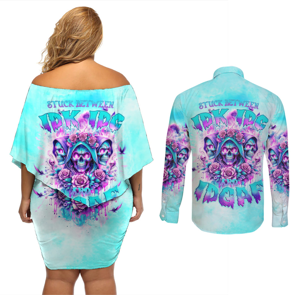 Flower Skull Angel Couples Matching Off Shoulder Short Dress and Long Sleeve Button Shirt Stuck Between IDK IDC and IDGAF - Wonder Print Shop