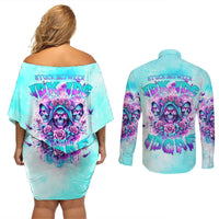 Flower Skull Angel Couples Matching Off Shoulder Short Dress and Long Sleeve Button Shirt Stuck Between IDK IDC and IDGAF - Wonder Print Shop