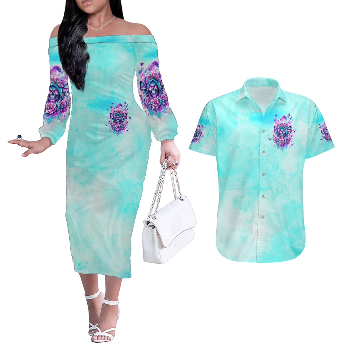Flower Skull Angel Couples Matching Off The Shoulder Long Sleeve Dress and Hawaiian Shirt Stuck Between IDK IDC and IDGAF - Wonder Print Shop