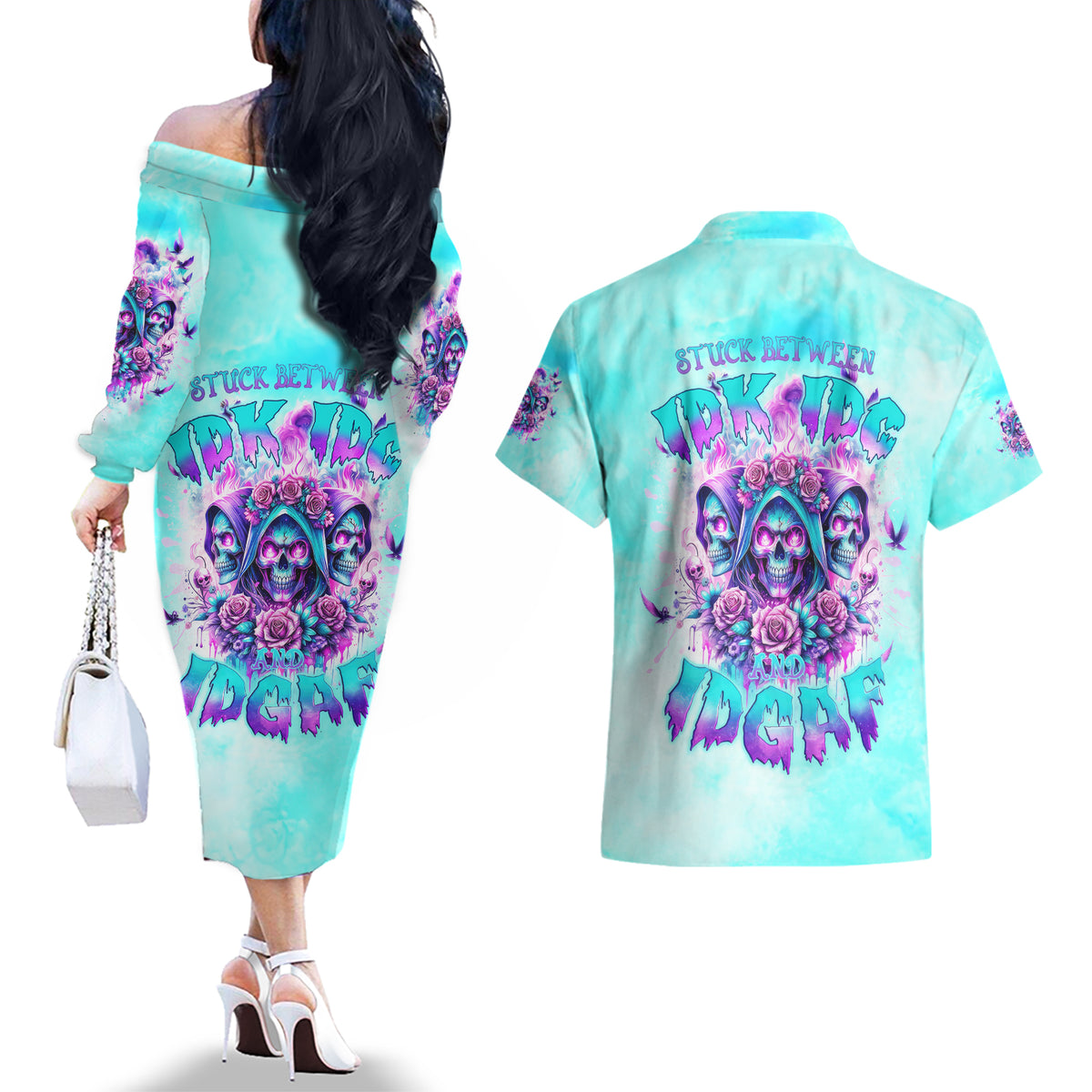 Flower Skull Angel Couples Matching Off The Shoulder Long Sleeve Dress and Hawaiian Shirt Stuck Between IDK IDC and IDGAF - Wonder Print Shop