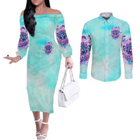 Flower Skull Angel Couples Matching Off The Shoulder Long Sleeve Dress and Long Sleeve Button Shirt Stuck Between IDK IDC and IDGAF