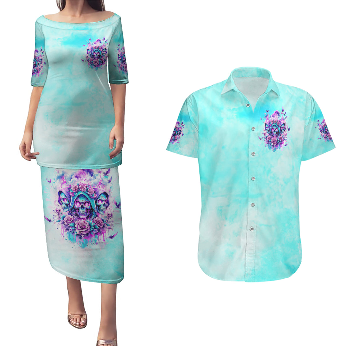 Flower Skull Angel Couples Matching Puletasi and Hawaiian Shirt Stuck Between IDK IDC and IDGAF - Wonder Print Shop