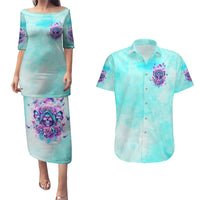 Flower Skull Angel Couples Matching Puletasi and Hawaiian Shirt Stuck Between IDK IDC and IDGAF - Wonder Print Shop