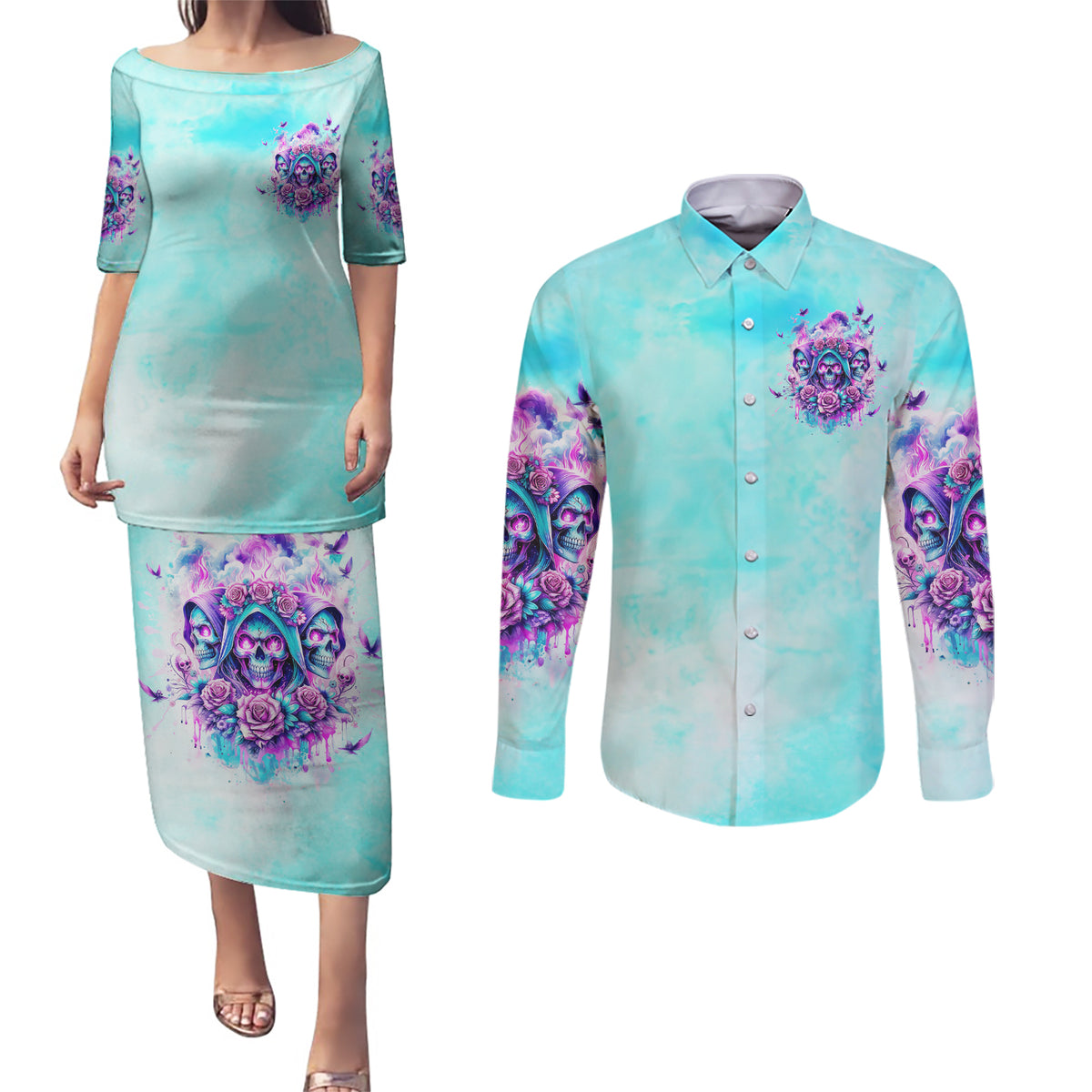 Flower Skull Angel Couples Matching Puletasi and Long Sleeve Button Shirt Stuck Between IDK IDC and IDGAF - Wonder Print Shop