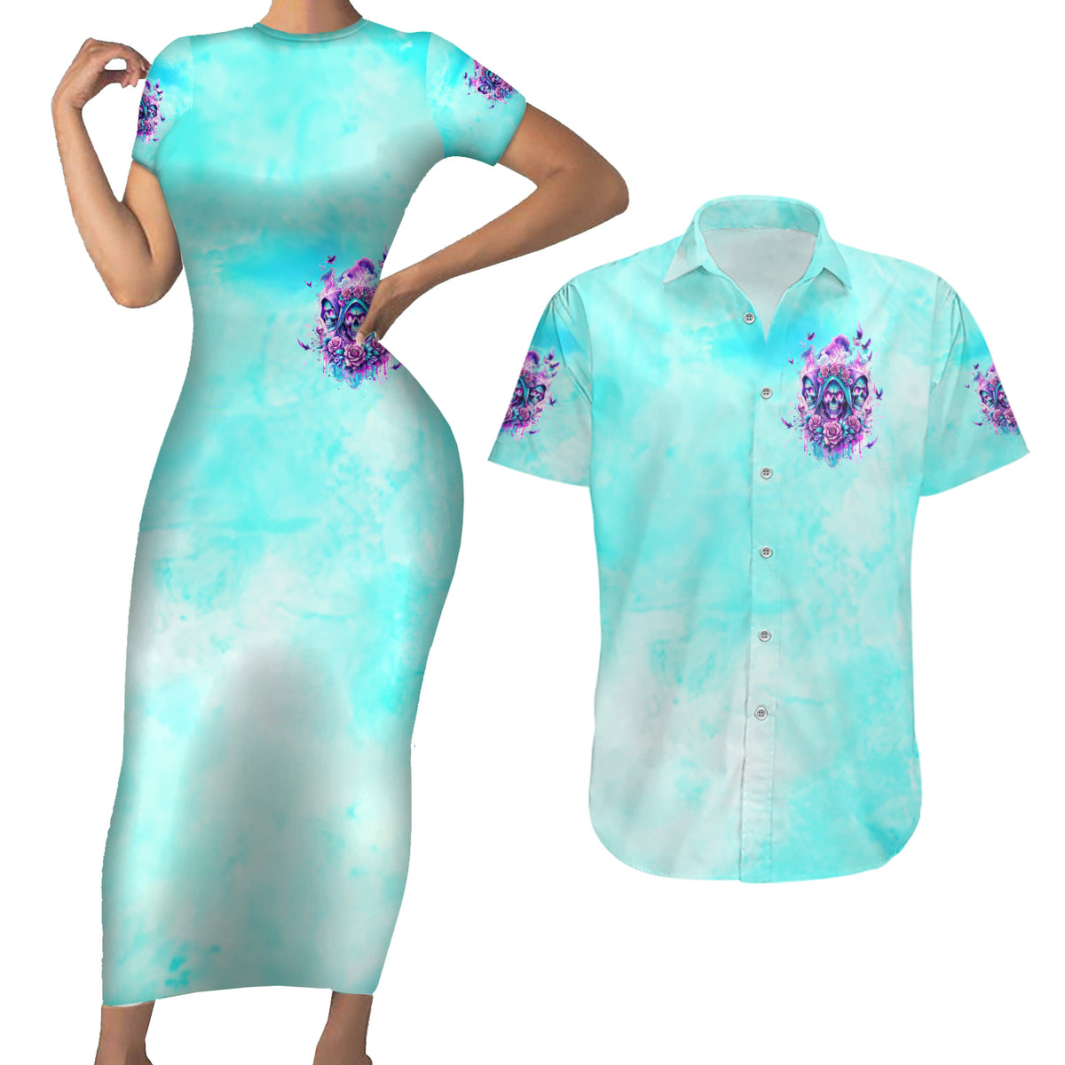 Flower Skull Angel Couples Matching Short Sleeve Bodycon Dress and Hawaiian Shirt Stuck Between IDK IDC and IDGAF - Wonder Print Shop